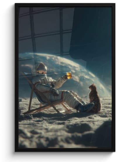 Poster in lijst - Fotolijst 60x90 cm - Posters - Astronaut - Kat - Glas - Stoel - Posterlijst zwart - Decoratie - Wanddecoratie woonkamer - Muurdecoratie slaapkamer