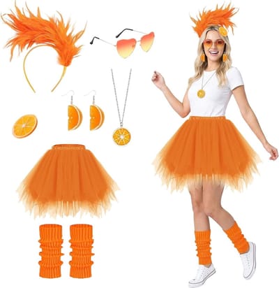 Oranje Tulle Rok voor Vrouwen - Carnavalskostuum Set met Hoofdband, Verenketting en Accessoires voor Feestelijke Gelegenheden