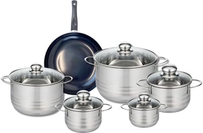 Set van 1 Koekenpan 24 cm en 5 kookpotten 12, 14, 16, 20 en 24 cm Elo Prima Glanzend