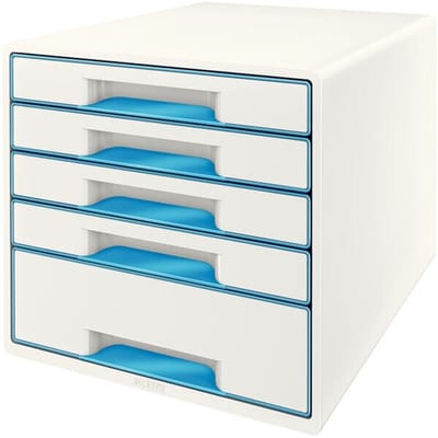 Leitz WOW Cube Ladenblok Met 5 Laden - Opberger met Vakken - Voor Kantoor En Thuiswerken - Ideaal Voor Thuiskantoor - Wit/Blauw