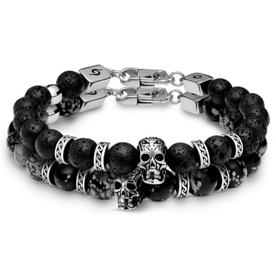 Rico Zilverkleurige Schedelarmbanden van Lavasteen en Sneeuwvlokobsidiaan