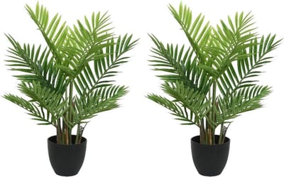 2x Groene Areca/goudpalm kunstplanten 73 cm in zwarte pot - Kunstplanten/nepplanten - Palmen