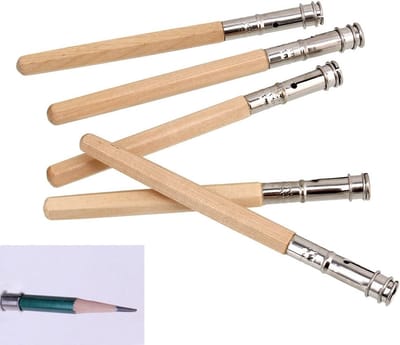 Potloodverlenger - 5 stuks - 12.5 cm - Insteekpoort 0.8 mm - Houten Potloodverlengers - met aluminium handvat - Hout en metaal - voor tekenpennen- schetspotloden- school- en kantoorbenodigdheden