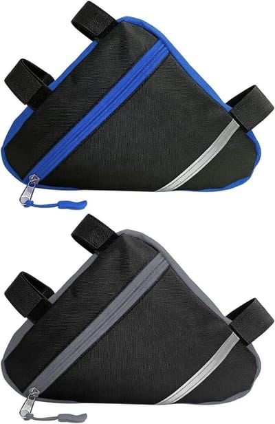 Klein Driehoek Tas Set voor Fiets (Blauw + Grijs) - Waterdichte Nylon Voorbuis Tas met Reflecterende Decoratie en Gemakkelijke Bevestiging