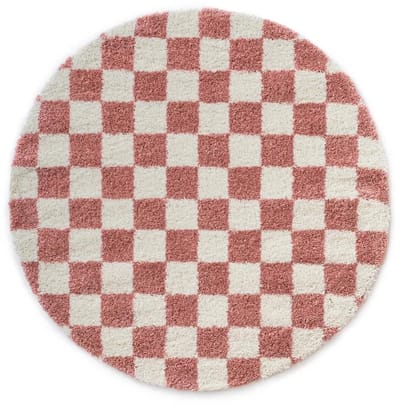 Rond checkerboard vloerkleed - Check ivoor/roze 100