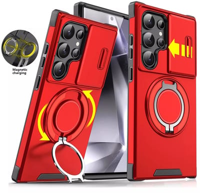Hoesje Geschikt voor Samsung Galaxy S25 Ultra hoesje Rood backcover met Met Draaibare Ring Houder en camera bescherming