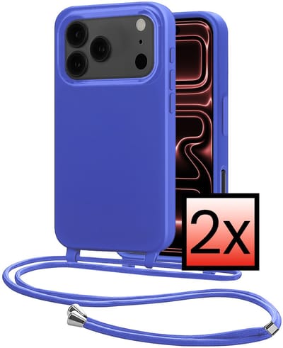Hoes Geschikt voor iPhone 17 Pro Met Telefoonkoord - Siliconen Hoesje Backcover Met Ketting - Felblauw - 2 PACK