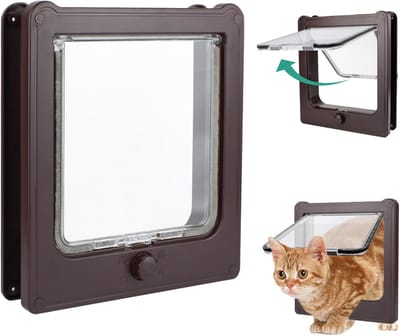 YAGXIG Vierweg kattenluik - Geschikt voor grote katten - Afmetingen 27,5 x 23,5 cm - Binnenluik - Winddicht - Stil - Geschikt voor puppy's - Bruin
