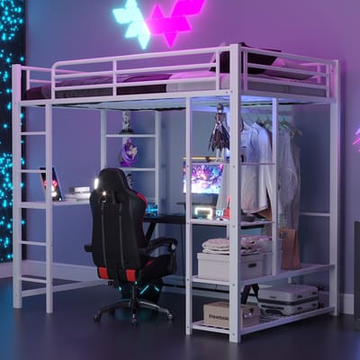 HAUSS SPOLE Hoogslaper 90x200 - Kinderhoogslaper met Rausfallschutz, Bureau en Regal - MDF - Wit