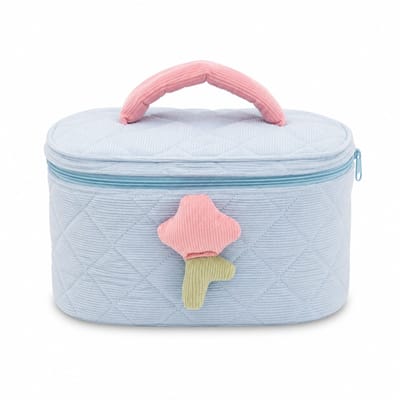 Quilted Make-up Tas & Toilettas met Handvat en Bloemdetail – Zacht Blauw Reis Etui