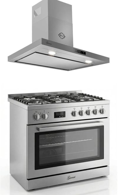 Gasfornuis Roestvrij staal Gas Elektro Fornuis 90 cm 126 L Aardgas Fl.Gas 4 Kw WOK, Zelfreinigend GCH E 818 X+Afzuigkap 90 cm CH 5001