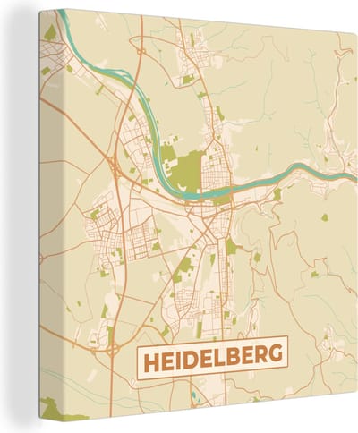 Canvas Schilderij Plattegrond - Heidelberg - Kaart - Stadskaart - Vintage - 20x20 cm - Wanddecoratie