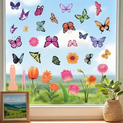 Raamstickers met vogels en bloemen - Zelfklevende decoratie voor ramen, lentethema, raamdecoratie, vogelbescherming, kleurrijke stickers