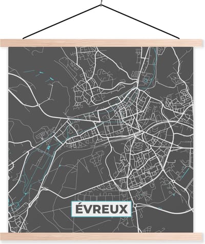 Posterhanger incl. Poster 40x40 cm - Schoolplaat - Évreux - Frankrijk - Plattegrond - Stadskaart - Kaart - Textielposter - Blanke latten - Stadskaart