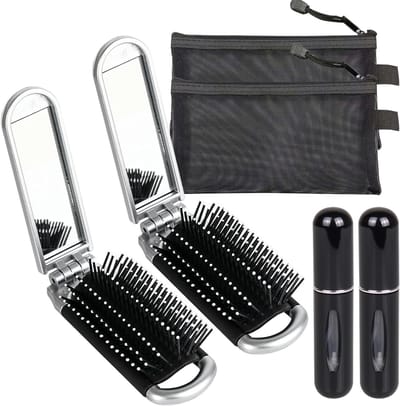 Mini Reisset met Vouwbare Haarborstel en Spiegel, Inclusief 2 Parfum Atomizers en Make-up Tas, Ideaal voor Haarstyling en Reizen voor Vrouwen en Mannen