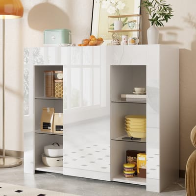 Dressoir - 95x35x83 cm - Hoogglans Front met Glasplanken - Opbergruimte - MDF - Wit