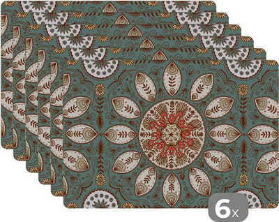 Placemat - Placemats kunststof - Mandala - Retro - Bohemian - Patroon - 45x30 cm - 6 stuks - Hittebestendig - Anti-Slip - Onderlegger - Afneembaar