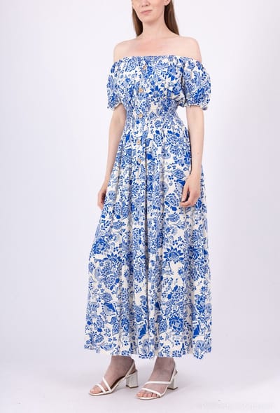 Lange dames jurk Claudine-gebloemd motief-blauw wit-Maat S/M-strandjurk-zomerjurk