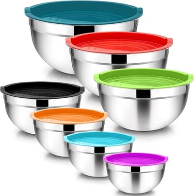 Mengkom 7-delige set - gepolijst roestvrij staal - luchtdicht deksel - koken bakken serveren - stapelbaar - gezond - 65 45 27 25 15 12 07 l - kleurrijk - Homikit