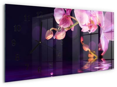 Tulup Wandklok - Orchidee Moderne Wandklok Glas - 60x30 cm - Paars Wandklok Glas Decoratie - Zwarte Handen - Rechthoekige Wandklok - Klok Glas Met Opdruk - Moderne Wandklok Glas