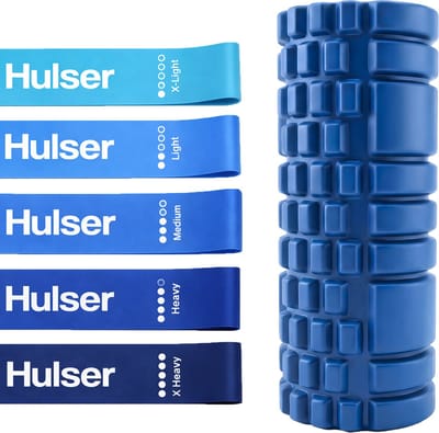 Hulser Sportieve bundel - Foam roller en Mini weerstandsbanden set - Blauw - Met digitale startgidsen - Weerstandsband en Massage roller – Herstel - Fitness booty band en Yoga foamroller - Voor triggerpoint massage en stretch - Grid Trigger