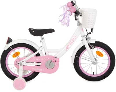 AMIGO Perfect Meisjesfiets - Kinderfiets voor Meisjes - 14 Inch 22 cm - Terugtraprem - Wit/Roze