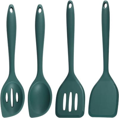 4 Stuks Set Keukengerei Van Siliconen,28 cm Kooklepels Om Te Mengen | Diepgroen Grote Pollepel voor Het Mengen,BPA-Vrij,Siliconen Kooklepels,Menglepels Met Antiaanbaklaag voor Koken,Bakken,Mixen