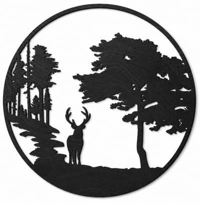 Houten wanddecoratie - Wooden wall decoration | Hert in bos 45 x 45cm Deer in forest | Zwart - Black | Muurdecoratie - Wall art - Wandfiguur - Echt Hout - Real Wood - Natuur - Wild - Ardennen