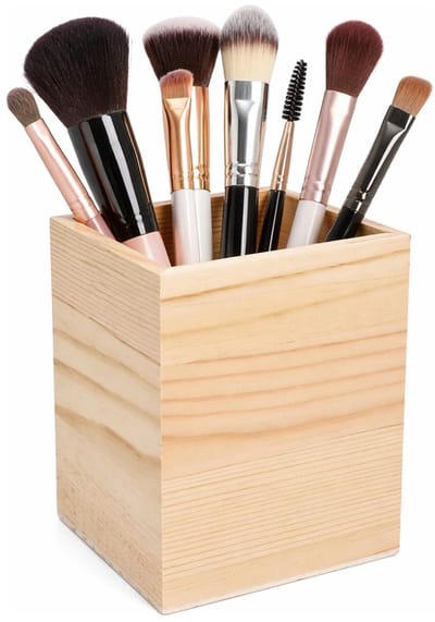 Excellent Houseware Make up organizer bakje - hout - 8 x 8 x 10 cm - vierkant - sorteerbakje - kwasten