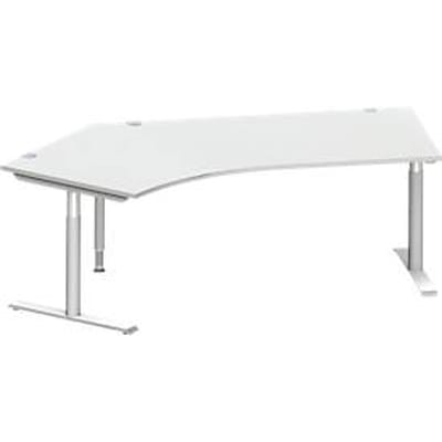 Schäfer Shop Genius hoekbureau MODENA FLEX 135°, T-poot ronde buis, B 2165 mm, bevestiging links, aluminium lichtgrijs/wit