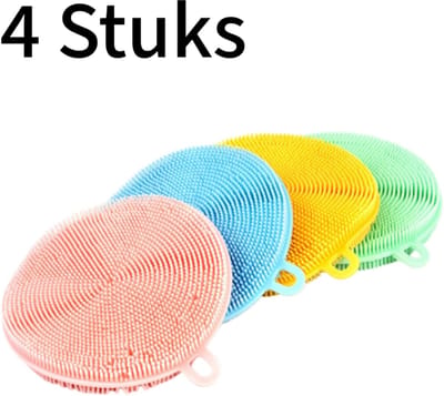 4 stuks - Siliconen afwasborstel - Vetafstotend Snel drogend Geen schimmel - Essentieel voor keukenreiniging - Food-grade materiaal Rond - Lange levensduur - Meerkleurig