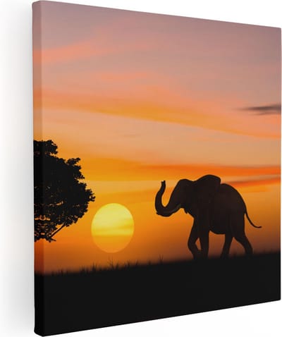 Artaza Canvas Schilderij Olifant - 80x80 cm - Wanddecoratie Zonsondergang - Muurdecoratie Afrika - Schilderijen Op Canvas Dieren