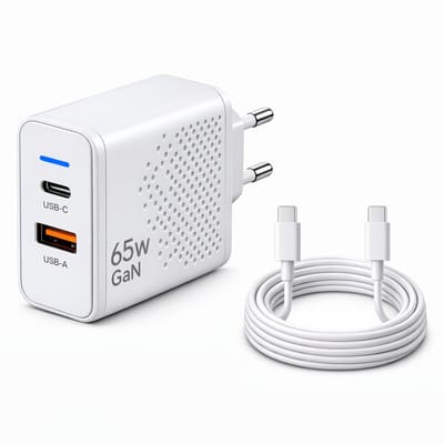 Gmedia USB-C Oplader 65W - inclusief 1 meter USB-C naar USB-C 60W – 2-Poorts Snellader met USB-C PD & USB-A QC 3.0 – Krachtige Universele Adapter voor Telefoon, Tablet & Laptop - Wit