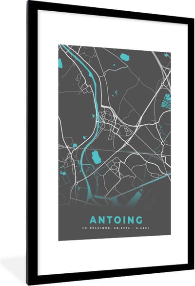 Fotolijst incl. Poster - België – Antoing – Stadskaart – Kaart – Blauw – Plattegrond - 60x90 cm - Posterlijst