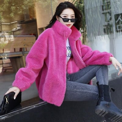 Dames Winter Fleece Warme Jas Opstaande Kraag Pluche Dikke Overjas Vrouwelijke Mode Casual Lange Mouw Rits Kleding M roze