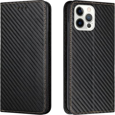 Luxe BookCover Hoes Etui geschikt voor iPhone 15 Pro Max Zwart-Carbon