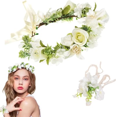 Bloemen Kroon en Armband - Bloemen Hoofdband - Bruiloft en Feest - Bohemian Stijl - Verstelbaar - Wit en Groen