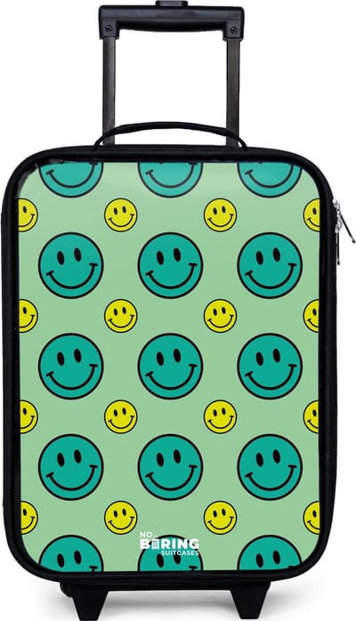 NoBoringSuitcases.com® - Kinderkoffer jongen - Kindertrolley meisje - All smiles groen - Koffer kind lichtgewicht - Reiskoffer trolley voor kinderen - Koffertje met lichtgevende wieltjes - Rolkoffer zwart