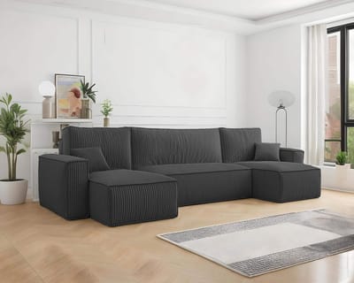 U-bank Frenkie - Ribstof - Antraciet - Slaapbank met opbergruimte - Lounge Links of Rechts - Direct Leverbaar - U-zetel - Chaise longue - Zetel met slaapgedeelte - 4 zits - Zitcomfort Medium