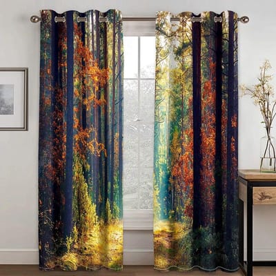 Gordijnen met bosprint Jungleboom Natuurlandschap Raamgordijnen Woonkamer Slaapkamer Waterval Links en rechts openslaand W50xH130(CM)x2PCS-Grommet Top