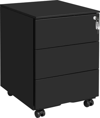 Bureau Ladeblok Verrijdbaar - Incl. Slot - Ladekast - Archiefkast - Kantoor - Industrieel - 3 Schuiflades - Metaal - Zwart - 39x45x55- Zwart