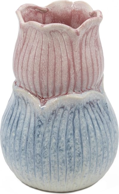 HomeBound by KY | Aardewerk vaas tulp blauw/roze | 11,5x11,5x16,5cm | bloemenvaas keramiek bloem