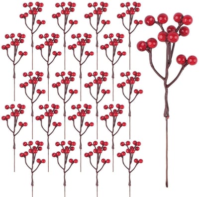 Dailygoods - YiYa 24 stuks kerst hulst bessen kunstmatige rode bessen stengels bessen kerstdecoraties voor kransen decoraties kerst doe-het-zelf ambachten kerstboom feest decoratie