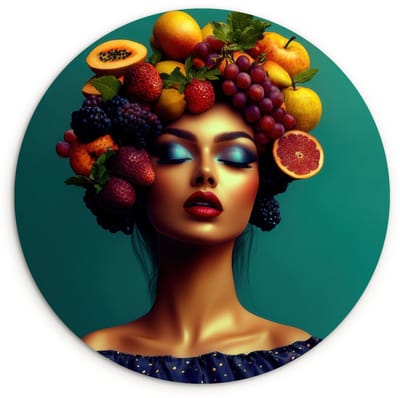 WallCircle® Wandcirkel 120x120 cm - Muurcirkel Vrouw - Hoodtooi - Tropisch - Fruit - Druiven - Muurdecoratie woonkamer - Wanddecoratie slaapkamer - Kamer decoratie accessoires - Ronde schilderijen XXL