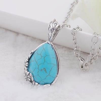 Sjika - Zilveren Ketting Dames met Turquoise Hanger – Druppelvorm Natuursteen Look – Boho Ketting – Sieraad Cadeau