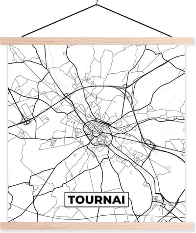 Posterhanger incl. Poster 40x40 cm - Schoolplaat - België – Tournai – Stadskaart – Kaart – Zwart Wit – Plattegrond - Textielposter - Blanke latten - Stadskaart