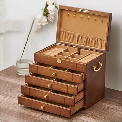 Sieradendoos Organizer - Houten Juwelendoos - Sieraden Opbergen - Vintage Design Lades - Rechthoekig - Houtkleur