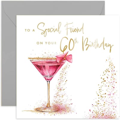 Speciale 60e verjaardagskaart voor Vriendin of Beste Vriendin - Roze Cocktail Goudfolie Ontwerp