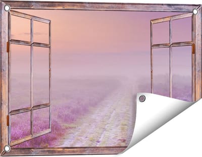 Gards Tuinposter Doorkijk Pad in de Weide tijdens de Mist - 60x40 cm - Tuindoek - Tuindecoratie - Wanddecoratie buiten - Tuinschilderij