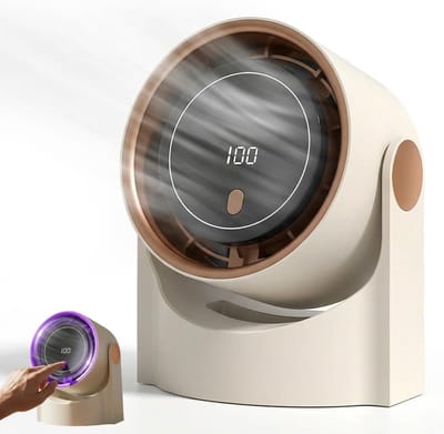 Oplaadbare bladloze ventilator via USB, 100 windsnelheden met digitaal display, stille bureauventilator, 12‑uur batterijduur, geschikt voor kantoor, slaapkamer en studentenkamer, beige